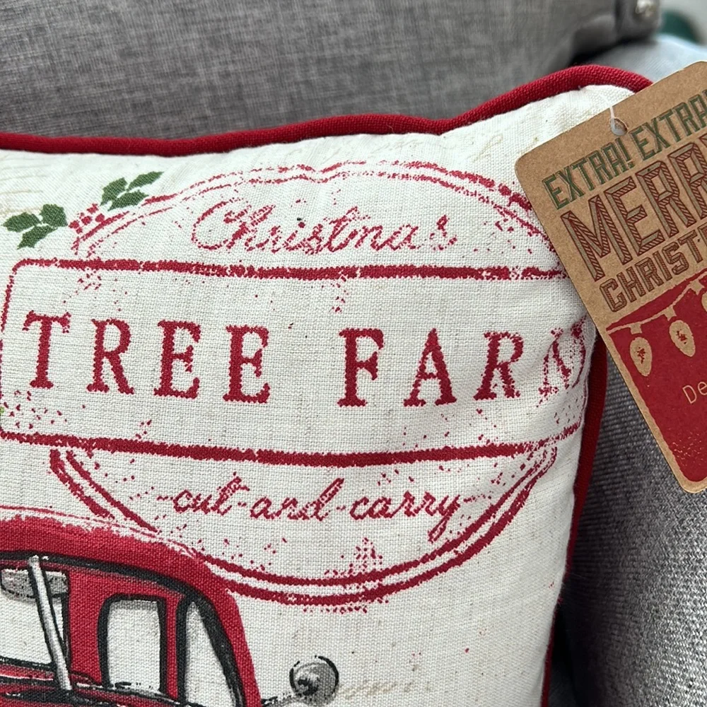 Vintage Inspired Christmas Holiday Pillow with vintage red truck & jingle bells